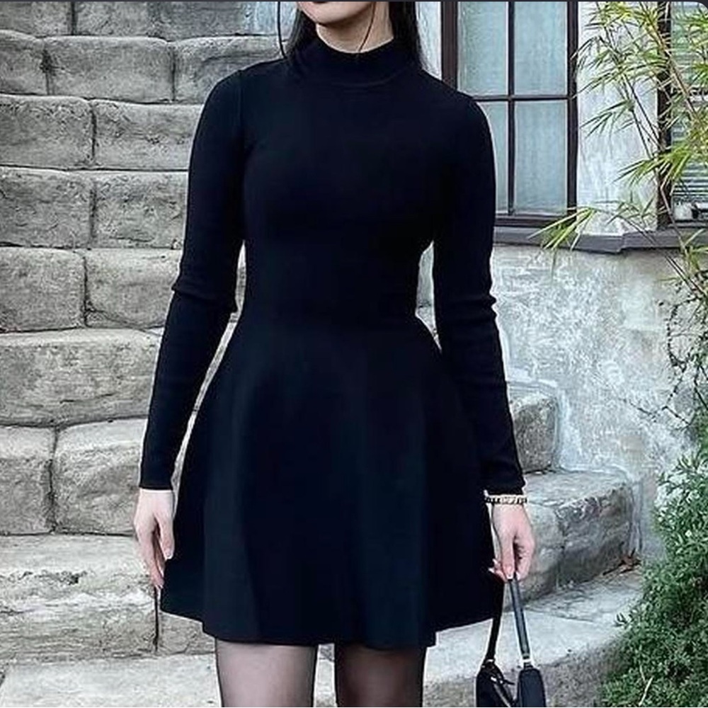 Aritzia Babaton Black Long-Sleeve Mock Neck mini Dress